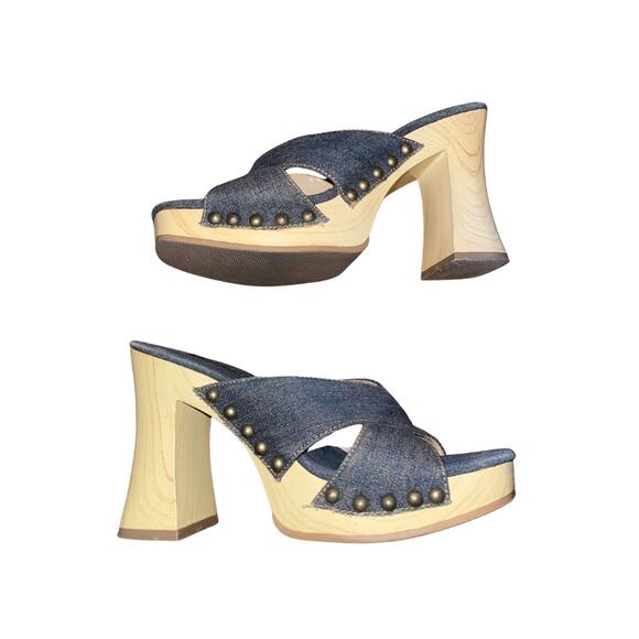 Splash Denim Wooden Platform Heels Size 7 Vintage 90s Y2K Slides Retro - Picture 1 of 6